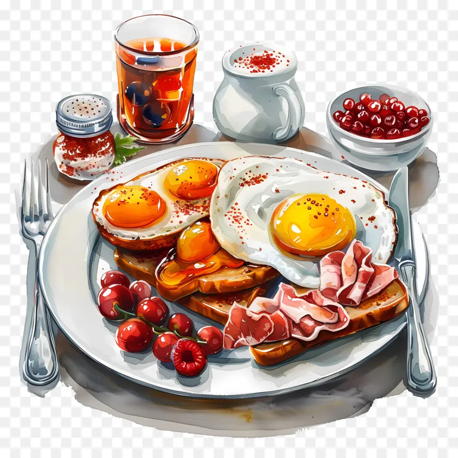 Kaffee - Frühstücksteller mit Eiern, Speck, Toast, Obst
