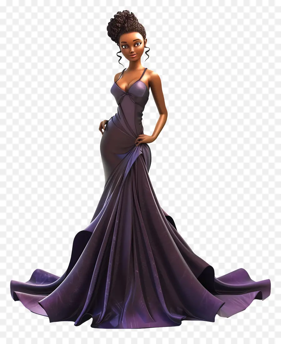 Cô gái da đen mặc quần áo 3D kết xuất màu tím nữ thời trang - Hình ảnh 3D của người phụ nữ mặc áo choàng màu tím