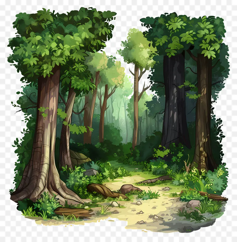 üppige Waldszenenbäume Pflanzen Pfad - Waldlandschaft mit verschiedenen Bäumen, friedliche Atmosphäre