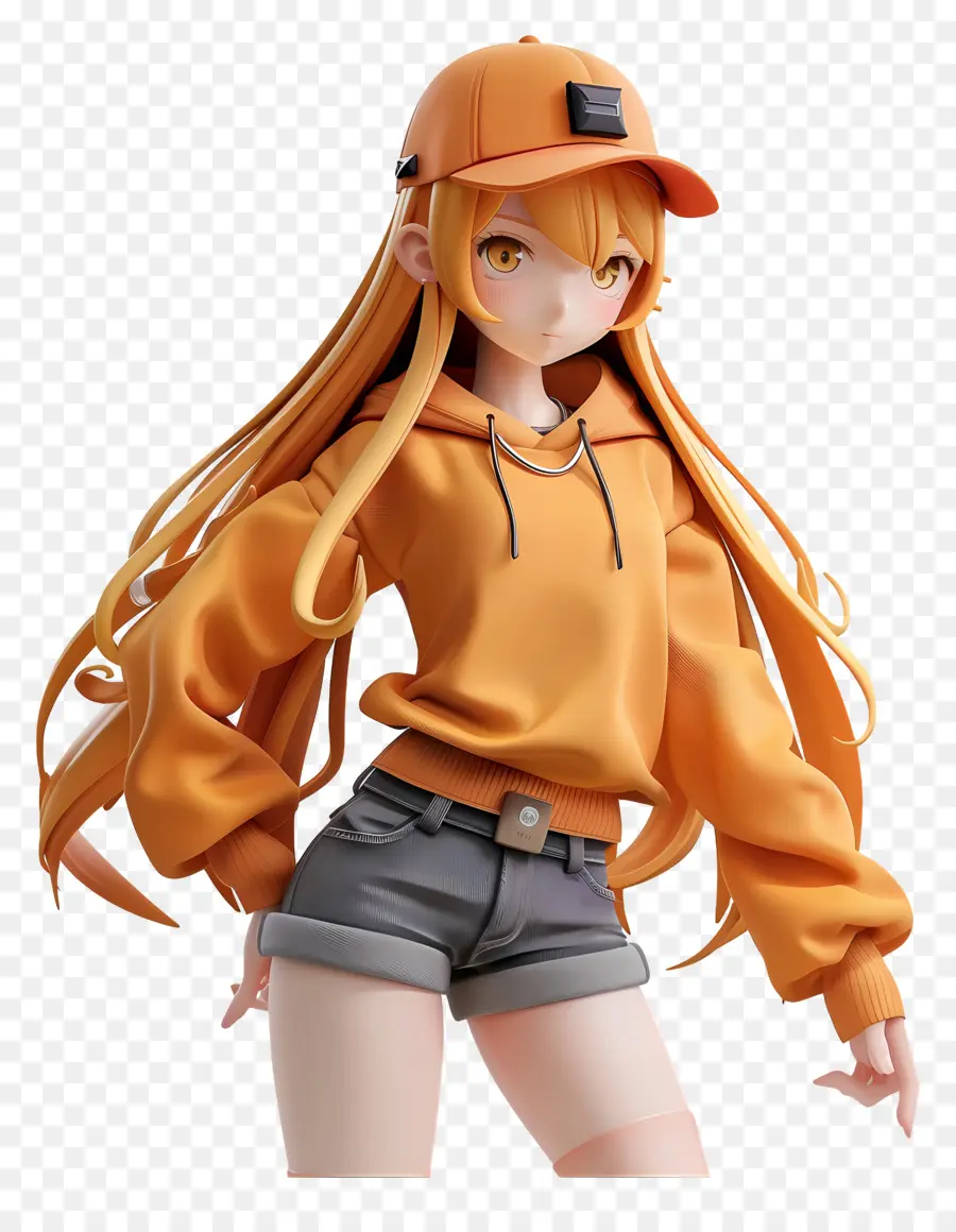 anime figure woman curly hair orange sweater denim shorts
