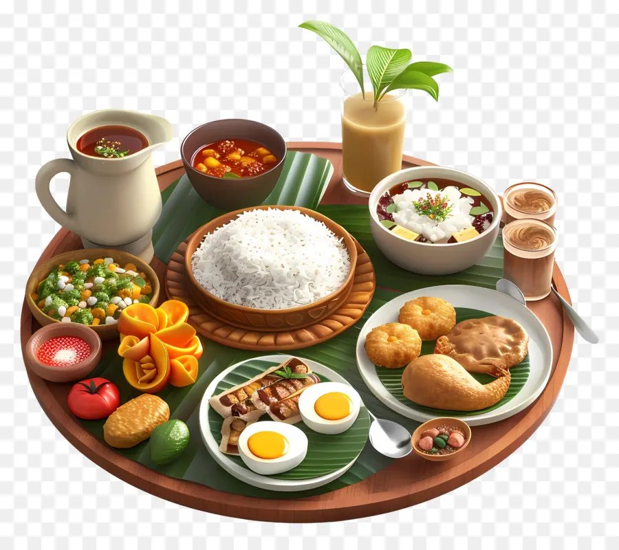 Kerala Frühstück Indische Mahlzeit traditioneller Essen Holzplatte Reis - Traditionelle indische Mahlzeit mit Reis, Linsen, Kichererbsen