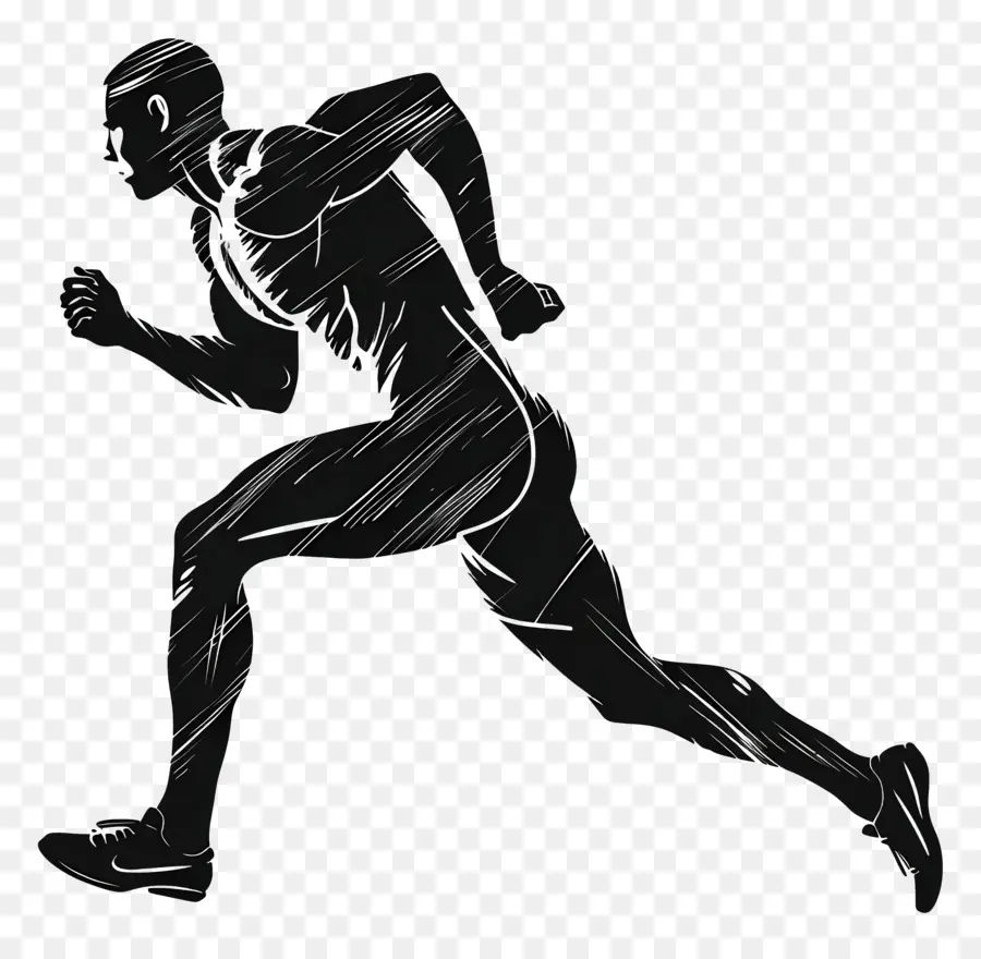 Silhouette da uomo che corre che corre in bianco e nero disegno per capelli lunghi corpi sottili - Disegno dinamico in bianco e nero della persona in esecuzione