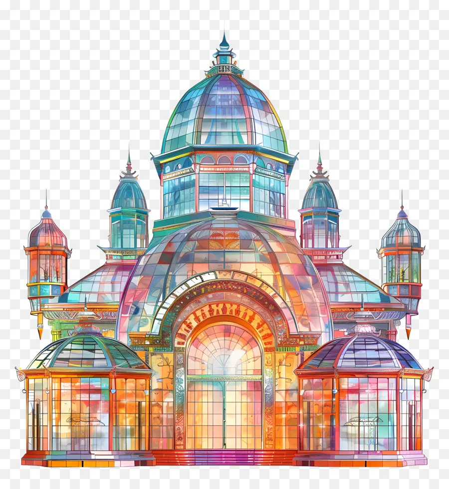 Crystal Palace Edificio colorato Balconi a cupola grandi disegni intricati - Edificio in vetro colorato e intricato con cupola e balconi