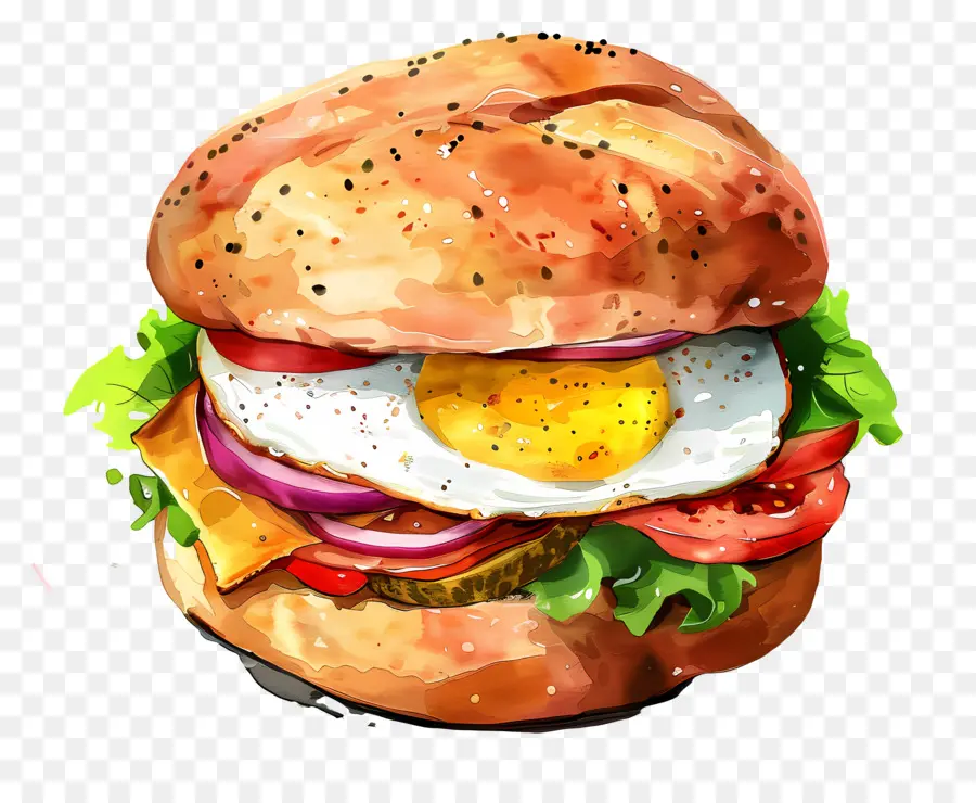 trứng - Bức tranh màu nước của bánh mì kẹp thịt với toppings