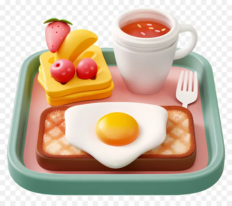 sfondo verde - Piatto per la colazione con toast, uovo, frutta, caffè
