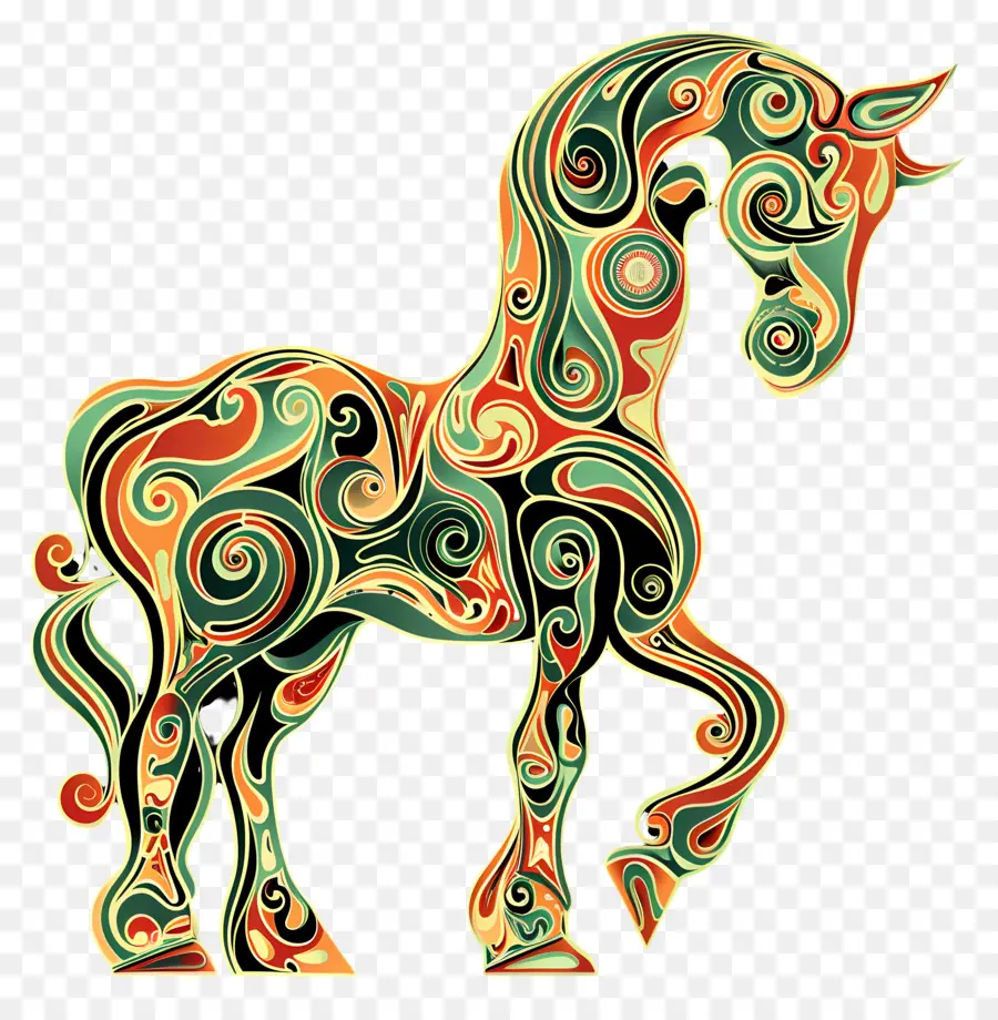 Linie Kunst Geometrisches Pferddesign Buntes Pferdemuster abstrakte Pferdskunst komplizierte Pferdeboduskunst - Farbenfrohes, geometrisches Muster am Körper des Pferdes