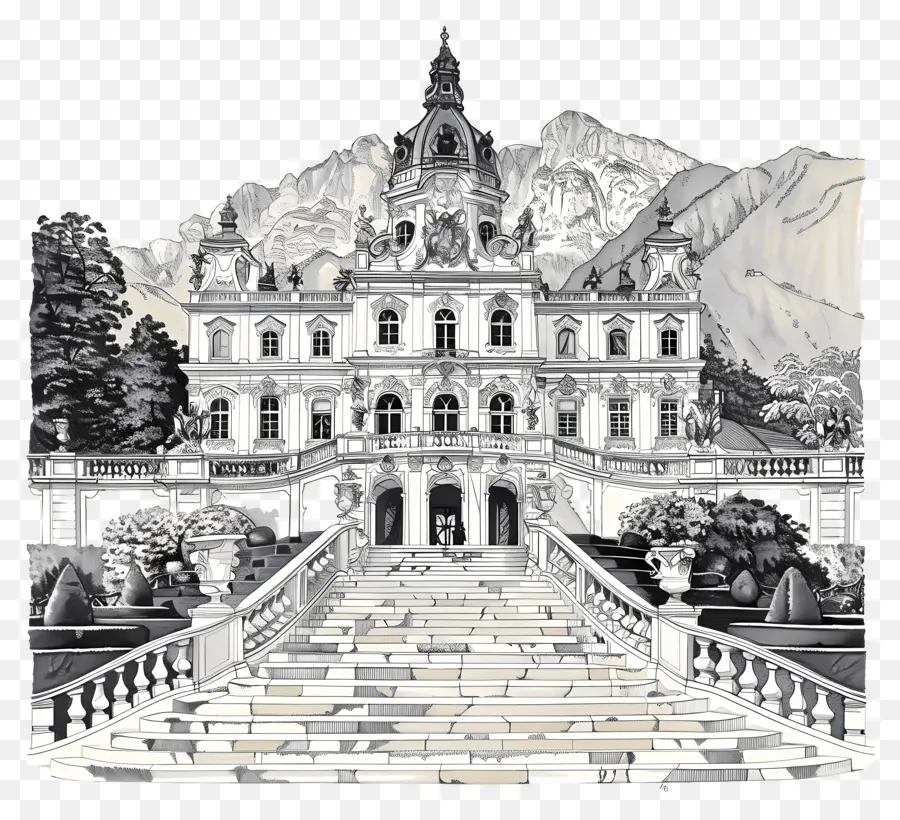 Linderhof Palace Mansion Staircase màu đen và trắng công phu - Biệt thự trang trí công phu với cầu thang, cây cối, những ngọn núi