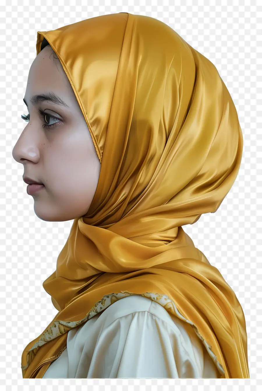Golden Hijab Young Woman Headscarf tóc ngắn biểu hiện nghiêm trọng - Người phụ nữ trẻ trong khăn trùm đầu màu vàng, biểu hiện nghiêm túc