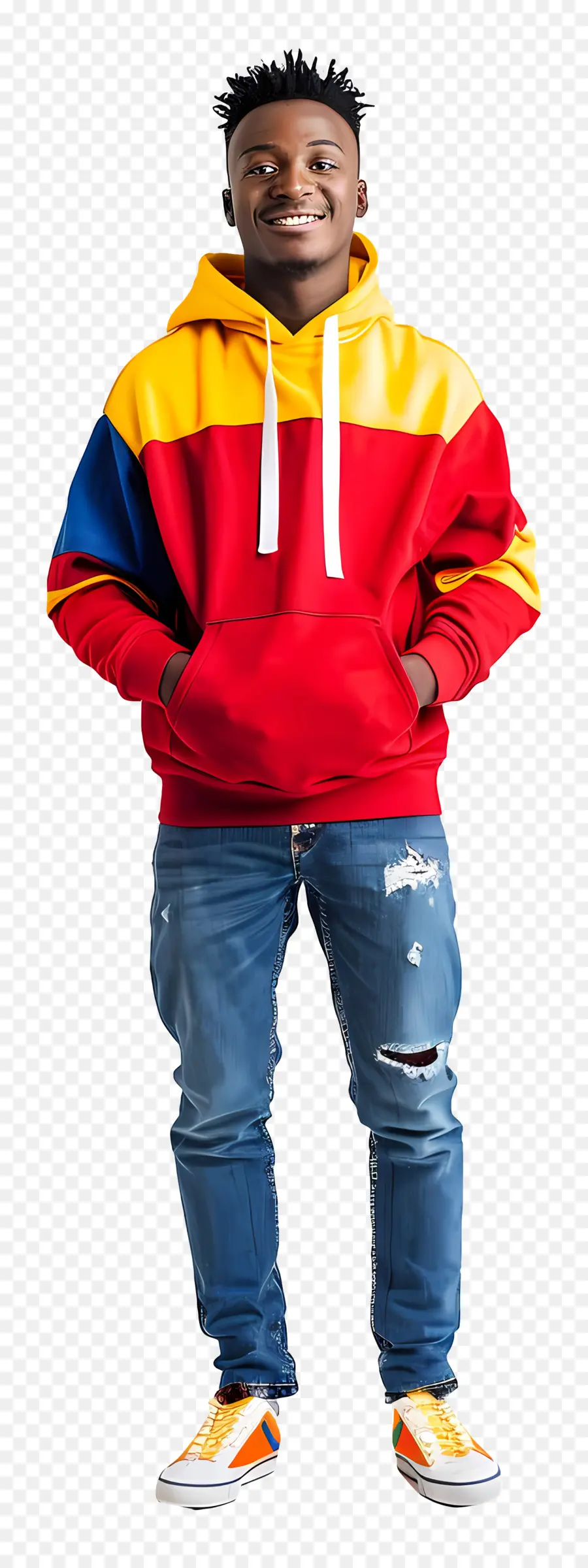 Happy Black Man Man Hoodie Red Yellow - Người đàn ông mặc áo hoodie đầy màu sắc với mái tóc afro mỉm cười