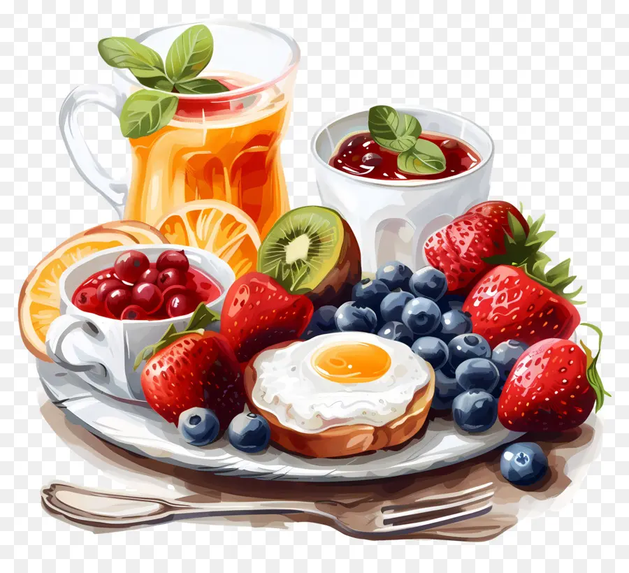 Quả kiwi - Hình minh họa kỹ thuật số của một đĩa ăn sáng trái cây đầy màu sắc