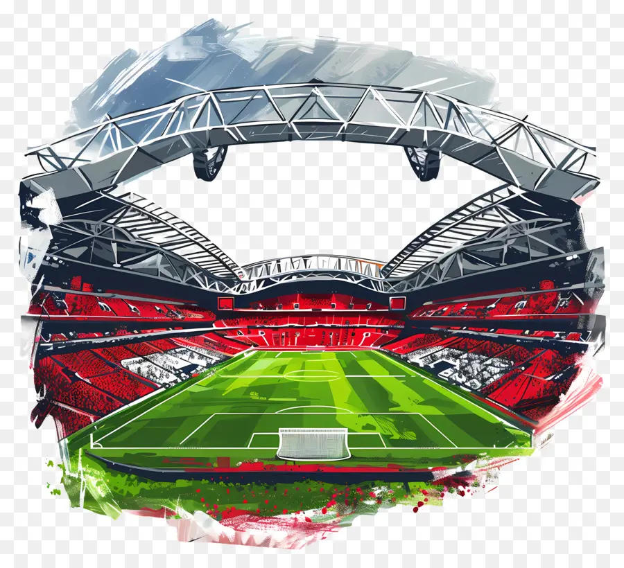 Wembley Stadium Soccer Stadium Soccer Field Soccer Tor - Fußballstadion mit roten, weißen Sitzen, Bäumen