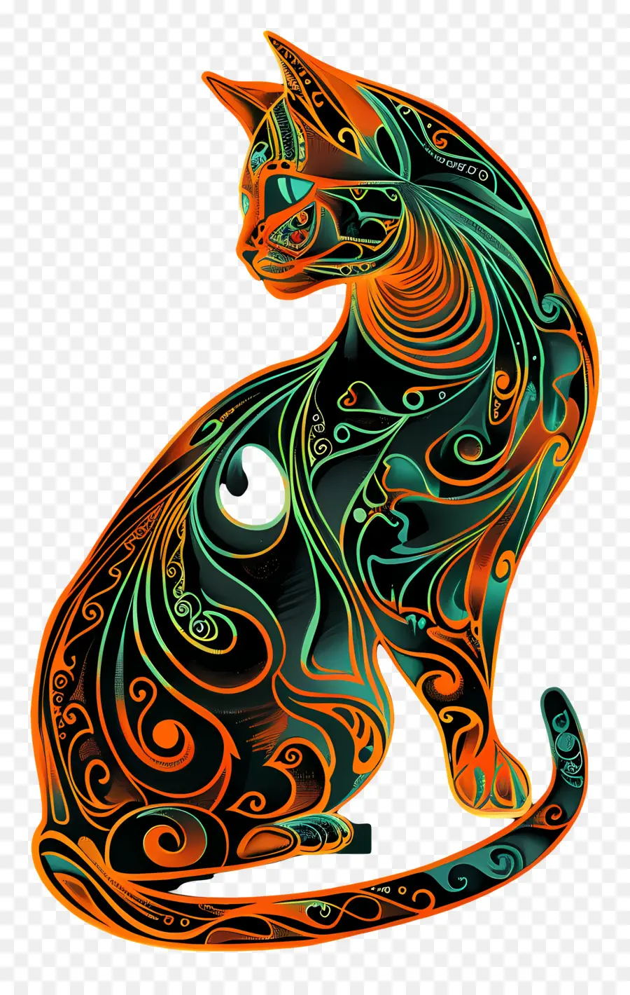 Line Art Cat Ornate Pattern Fur - Gatto con design ornato in posa meditativa