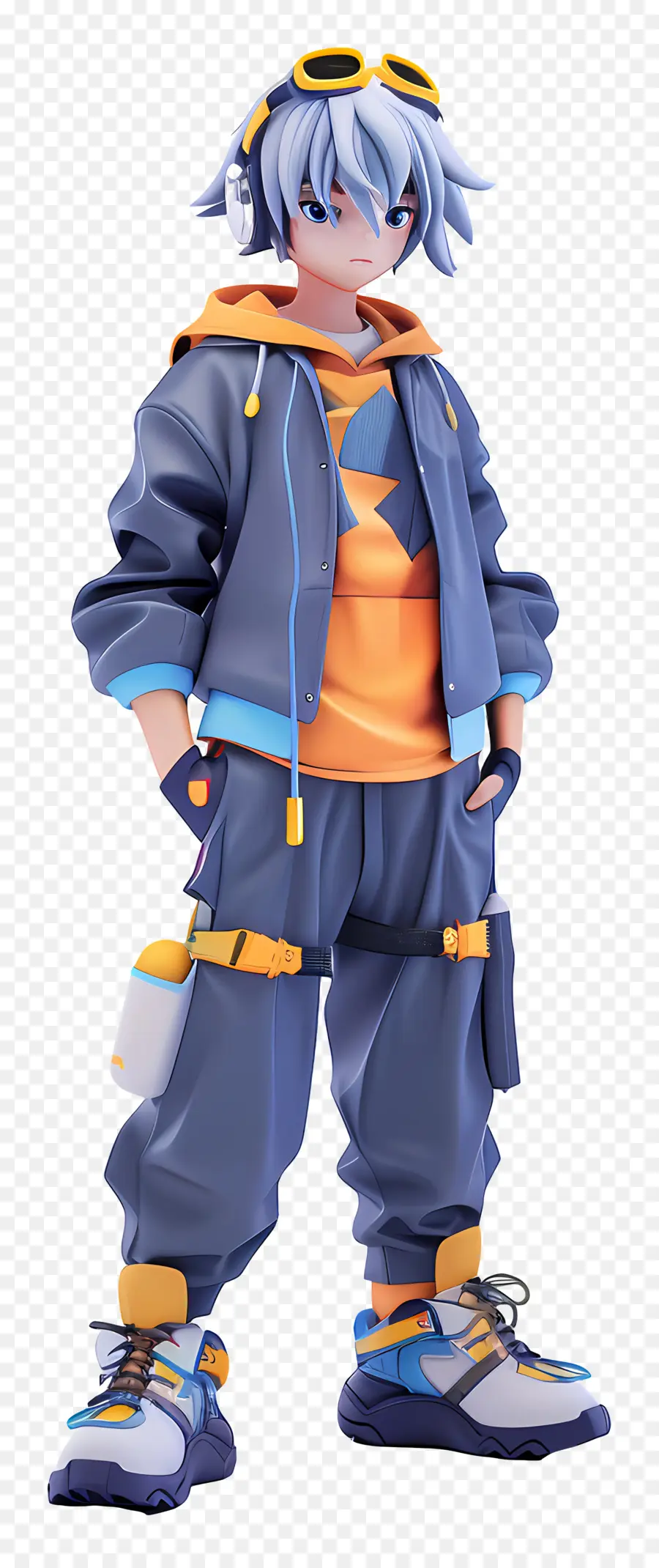 Anime -Figur modische Streetstyle -Jacke Sonnenbrille - Stilvoller Charakter im farbenfrohen Outfit lächelt zuversichtlich