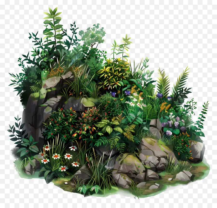Copertura vegetale rocciosa collina lussureggiante vegetazione alte erbe muschio - Lush Green Hillside con rocce e alberi