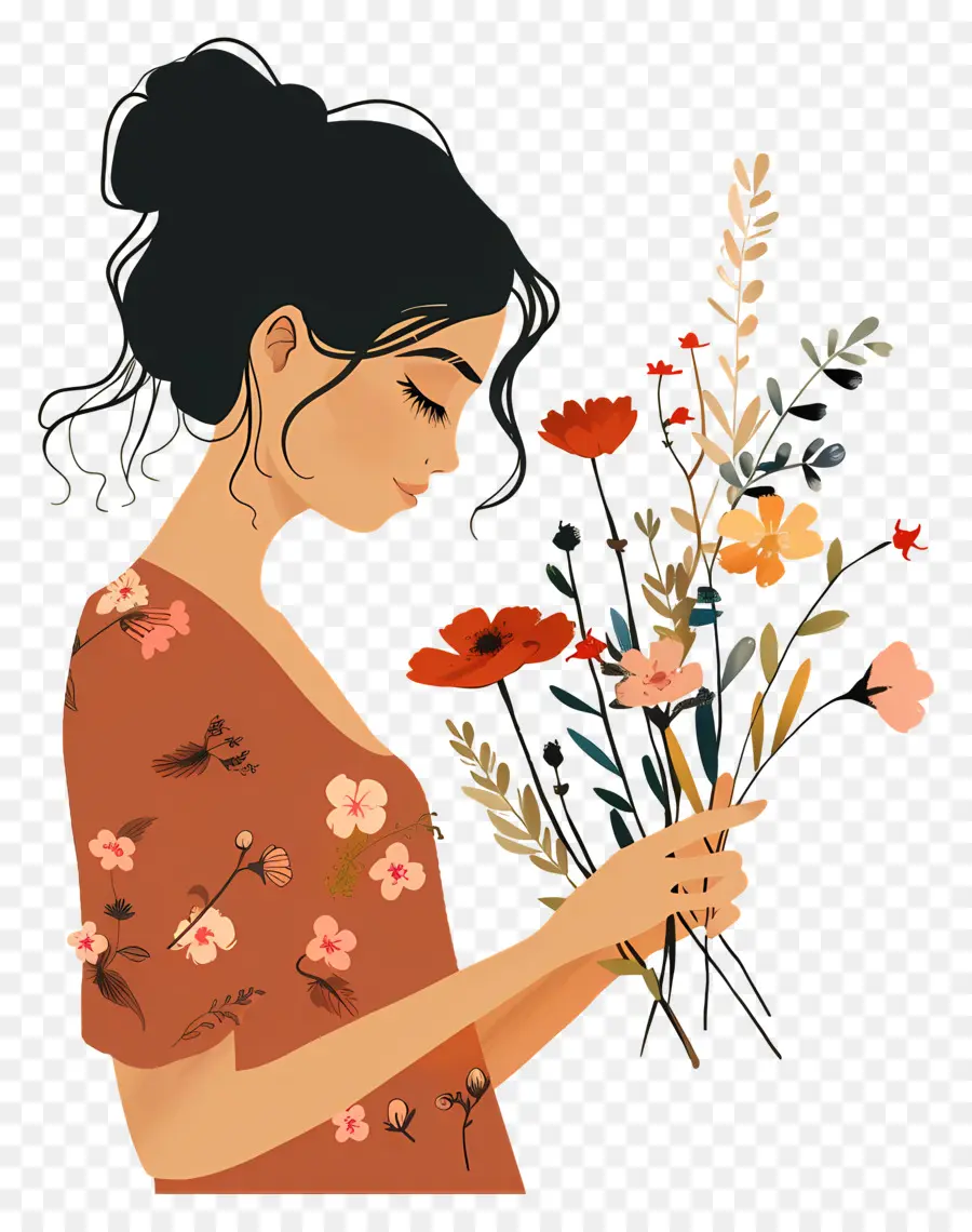 người phụ nữ hoa nữ hoa bó hoa - Người phụ nữ nhìn vào bó hoa một cách chu đáo