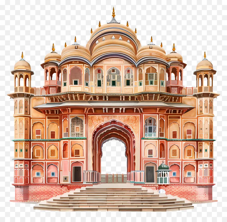 Jaipur Palace Jaipur City Palace Gate WaterColor Painting Scates ornate - Porta complessa decorata nel vivace mercato di Jaipur