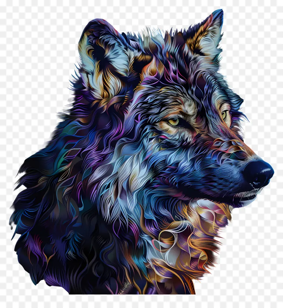 Schillernszenz Wolf Digitales Gemälde blaues Lila - Buntes digitales Gemälde des selbstbewussten Wolfsgesichts