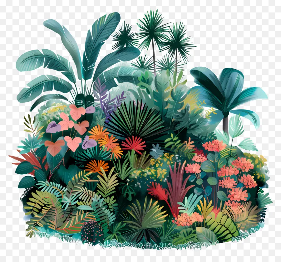 piante lussureggianti da giardino lussureggiante - Scena della giungla lussureggiante con diversa vita vegetale