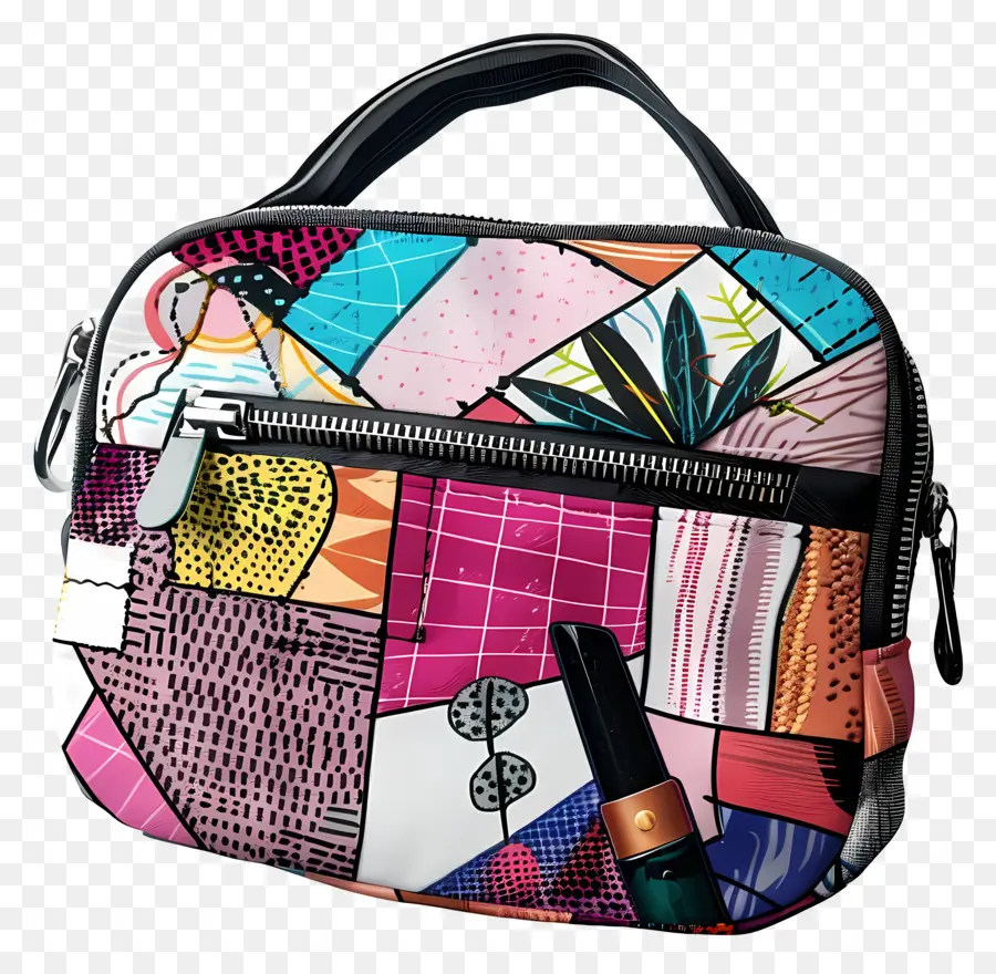 Make -up -Tasche farbenfrohe Tasche gemusterte Tasche Schwarzer Hintergrund Stilvolle Geldbörse - Farbenfrohe und gemusterte Tasche auf schwarzem Hintergrund