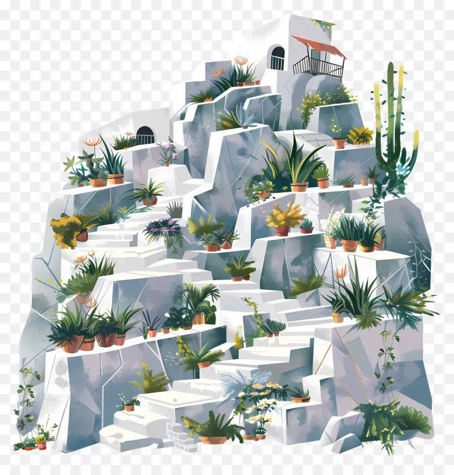 terracing mountain painting white rocks cacti succulents