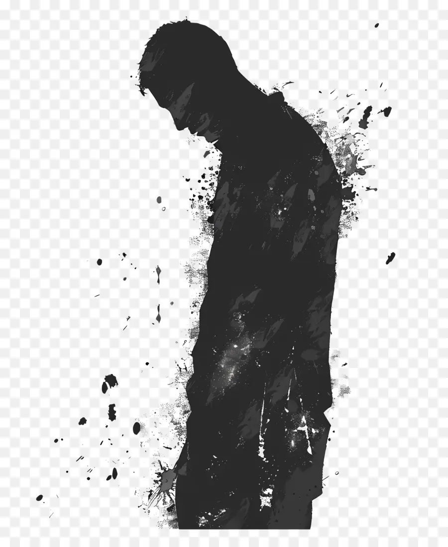 weinender Mann Silhouette traurige schwarze und weiße Mannarme verschränkt - Mann mit trauriger Ausdruck, umgeben von Farbe Splatters