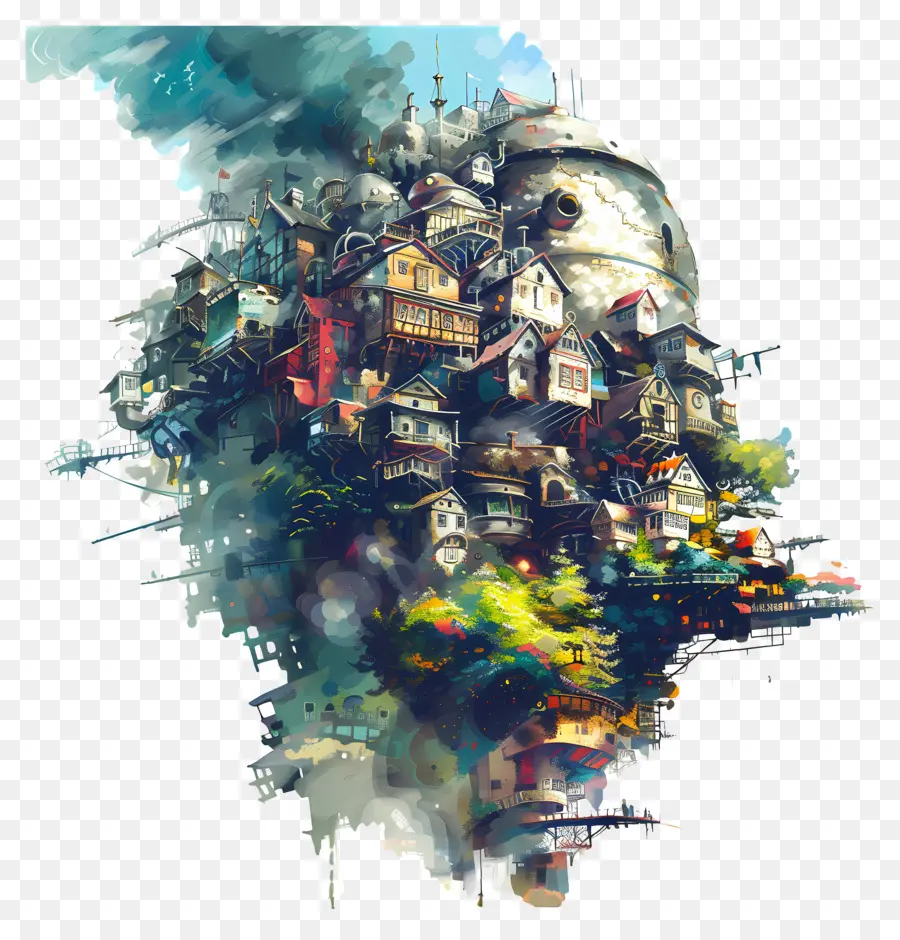 moving castle 3d rendering small town wooden buildings brick buildings