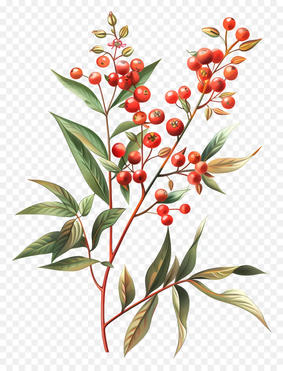 Nandina domestica Pflanze Skizze Schwarz -Weiß -Beeren - Schwarz -Weiß -Skizze der Roten Beeren Pflanze