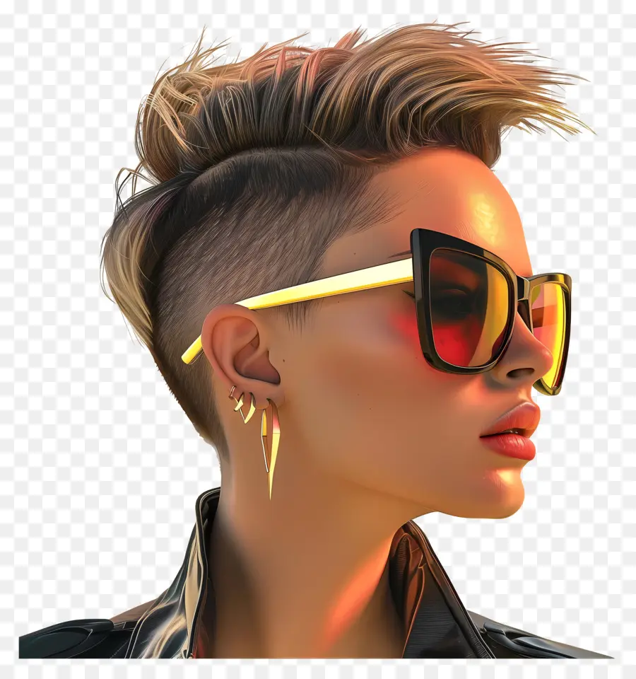 edgy short pixie cuts woman sunglasses leather jacket necklace
