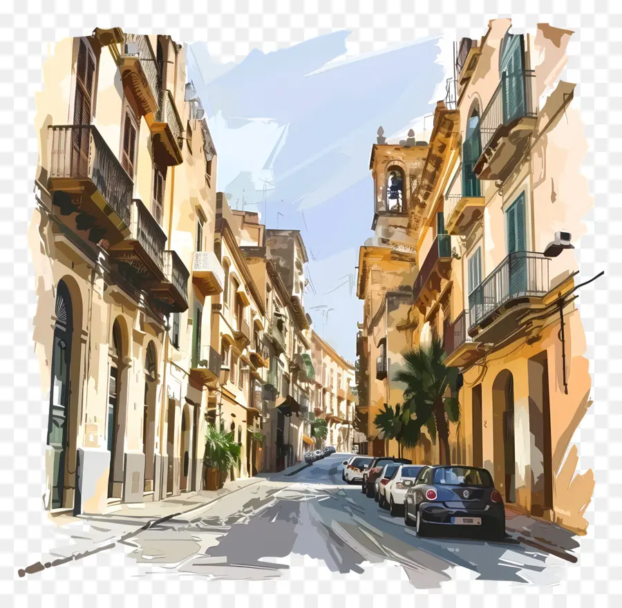 Palermo Sicilia Italian Town Street Scene Painting Cars - Scena di strada della città italiana con torre dell'orologio