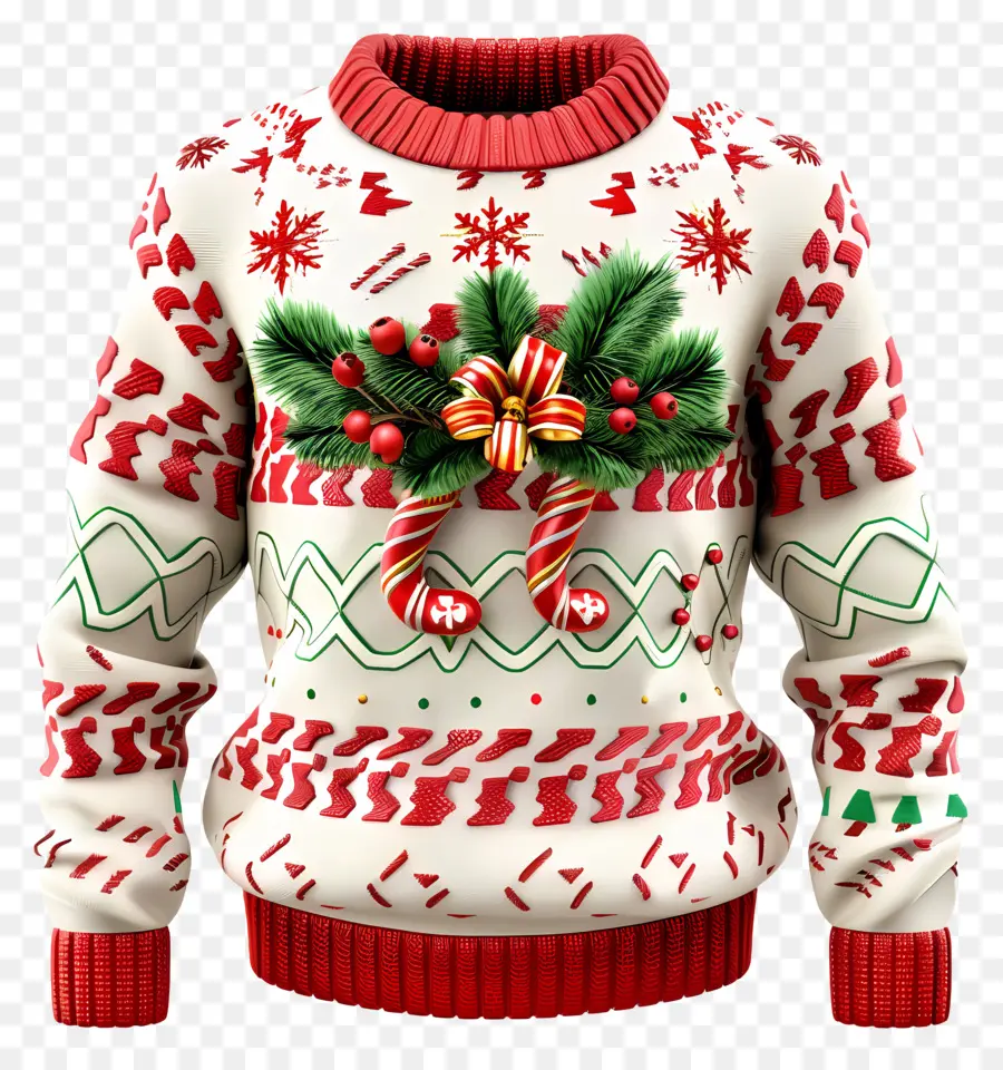 hässlich Weihnachten Pullover - Rot -weißer Urlaubspullover mit Stechpalmenblättern