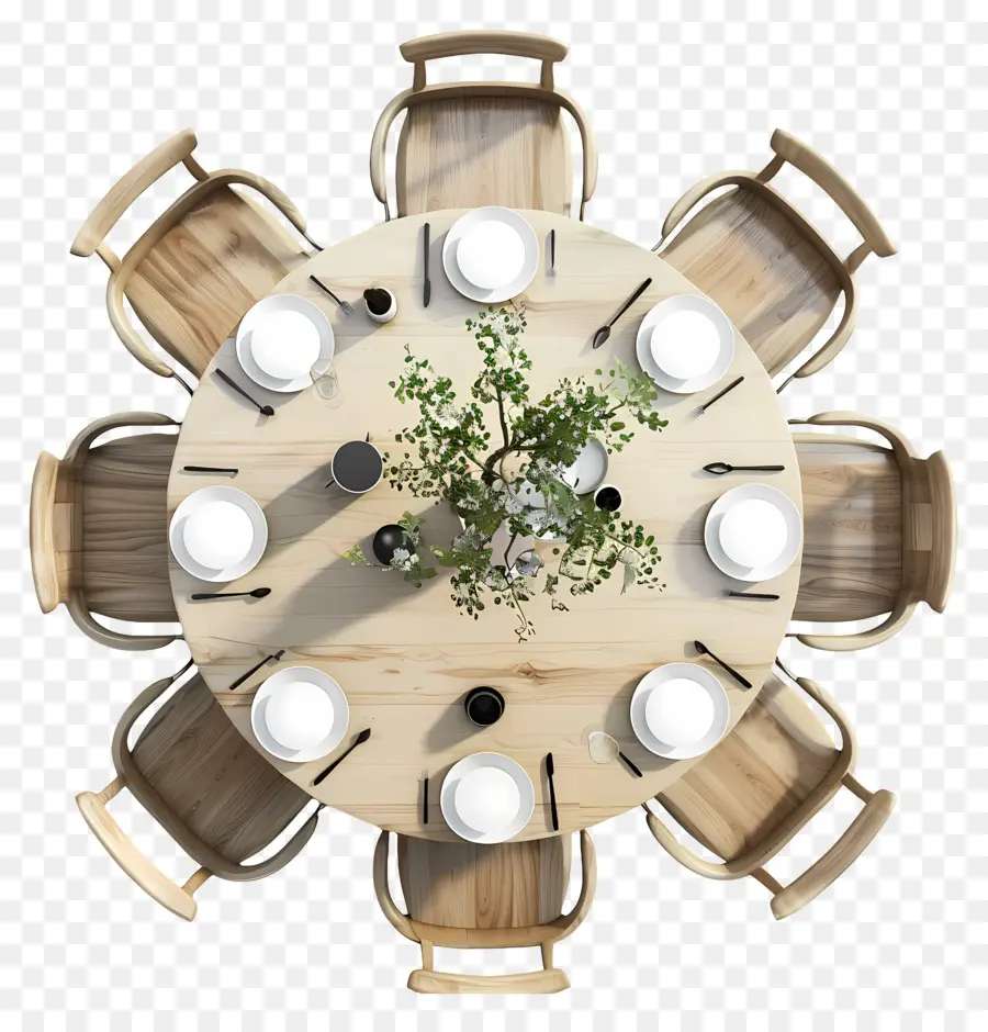 dining table top view dining table wooden chairs vase of flowers plates