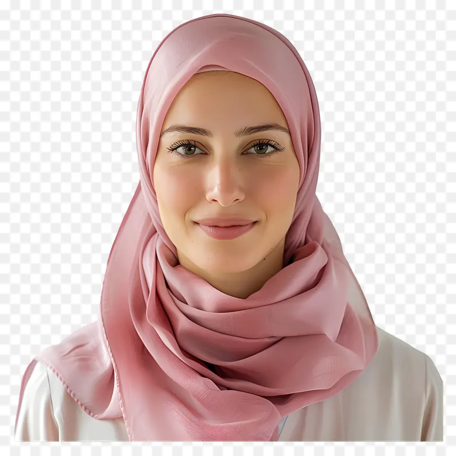 Trùm - Người phụ nữ trong chiếc khăn trùm đầu màu hồng mỉm cười với máy ảnh, trang điểm