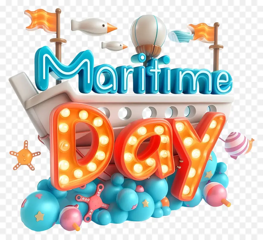Maritime Day Marine Day Ship Sea Creatures Lights - Nave da giornata marina colorata e sorridente su carta