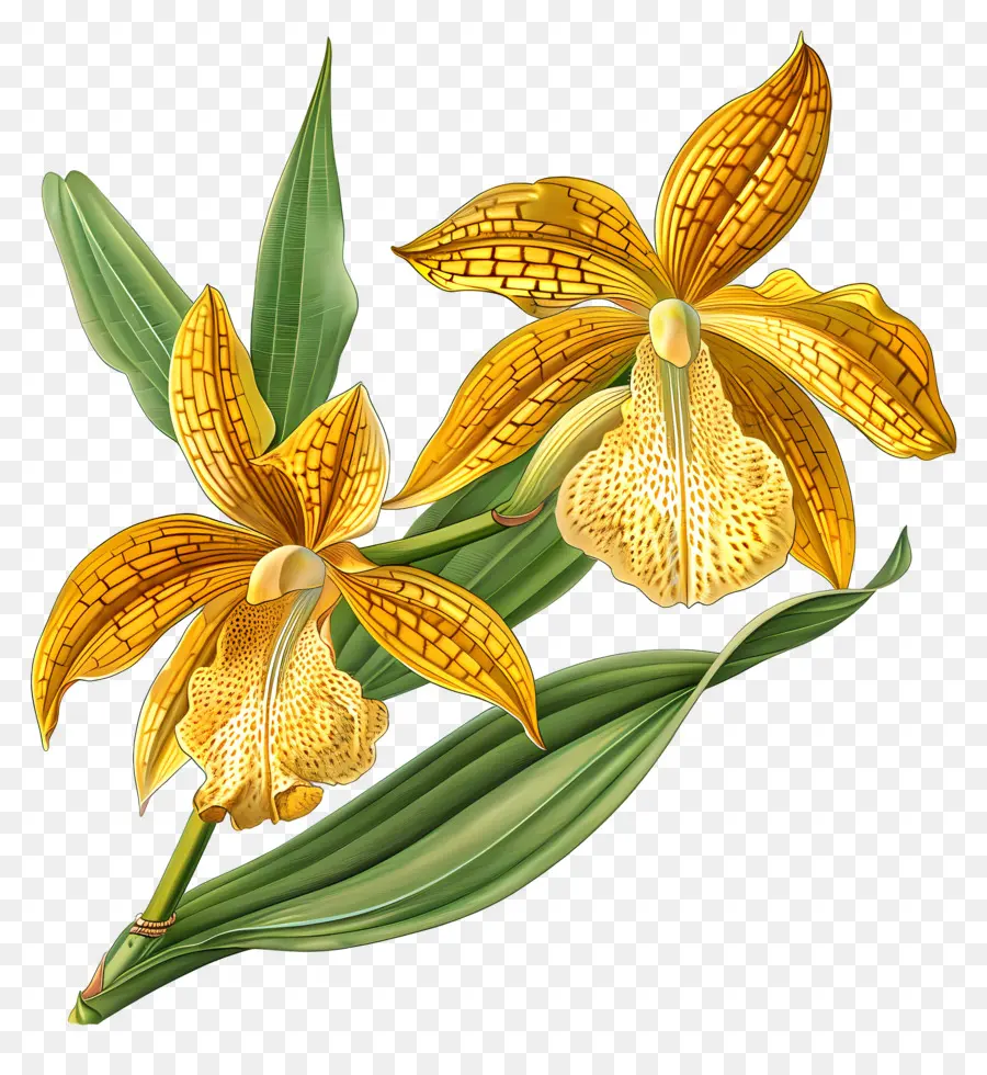 Gold der Kinabalu -Orchidee gelbe Orchideen weiße Orchideen Blattstiel Dunkelgrüne Blätter - Gelbe und weiße Orchideen am Blattstiel
