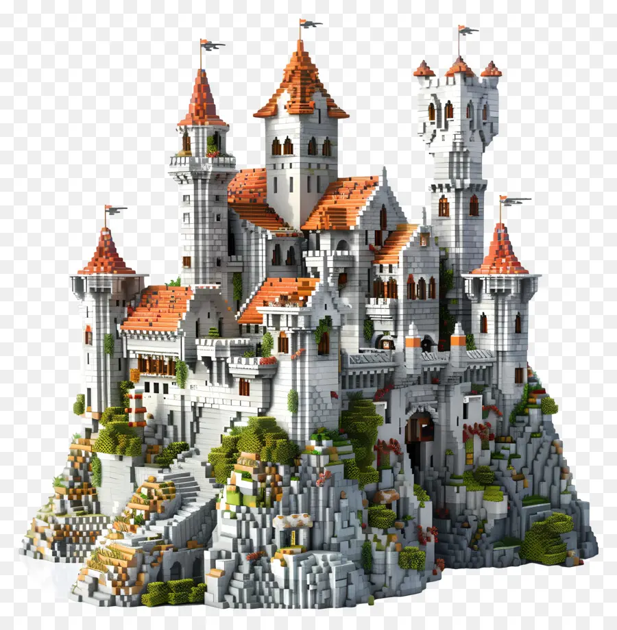 Castello di Minecraft Castello medievale White Stone Architecture Buildings storici punti di riferimento europei - Castello circondato da erba, alberi, piccole strutture