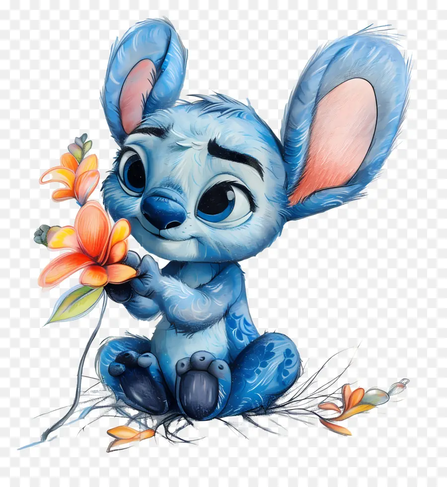 Cute Stitch dễ thương động vật màu xanh vẽ động vật đáng yêu - Động vật xanh dễ thương đang cầm hoa, biểu cảm đáng yêu