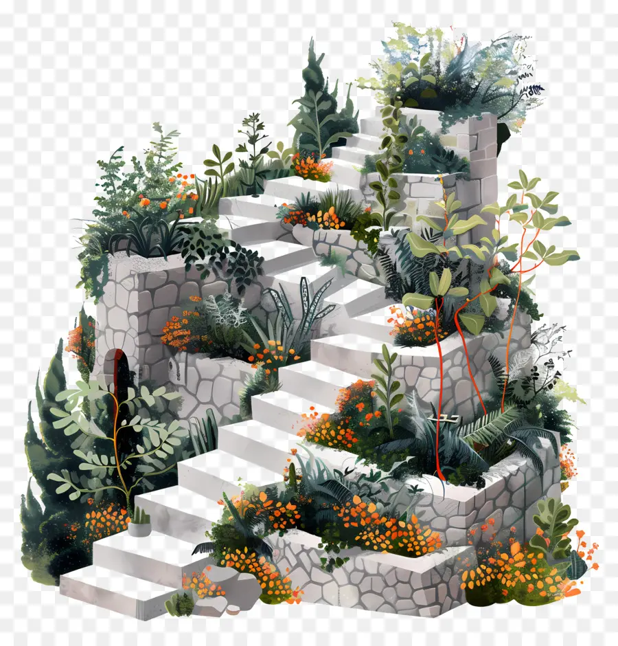 Terrassengartenstufen Felsen Pflanzen - Ruhiger Garten mit Steinstufen und Pflanzen