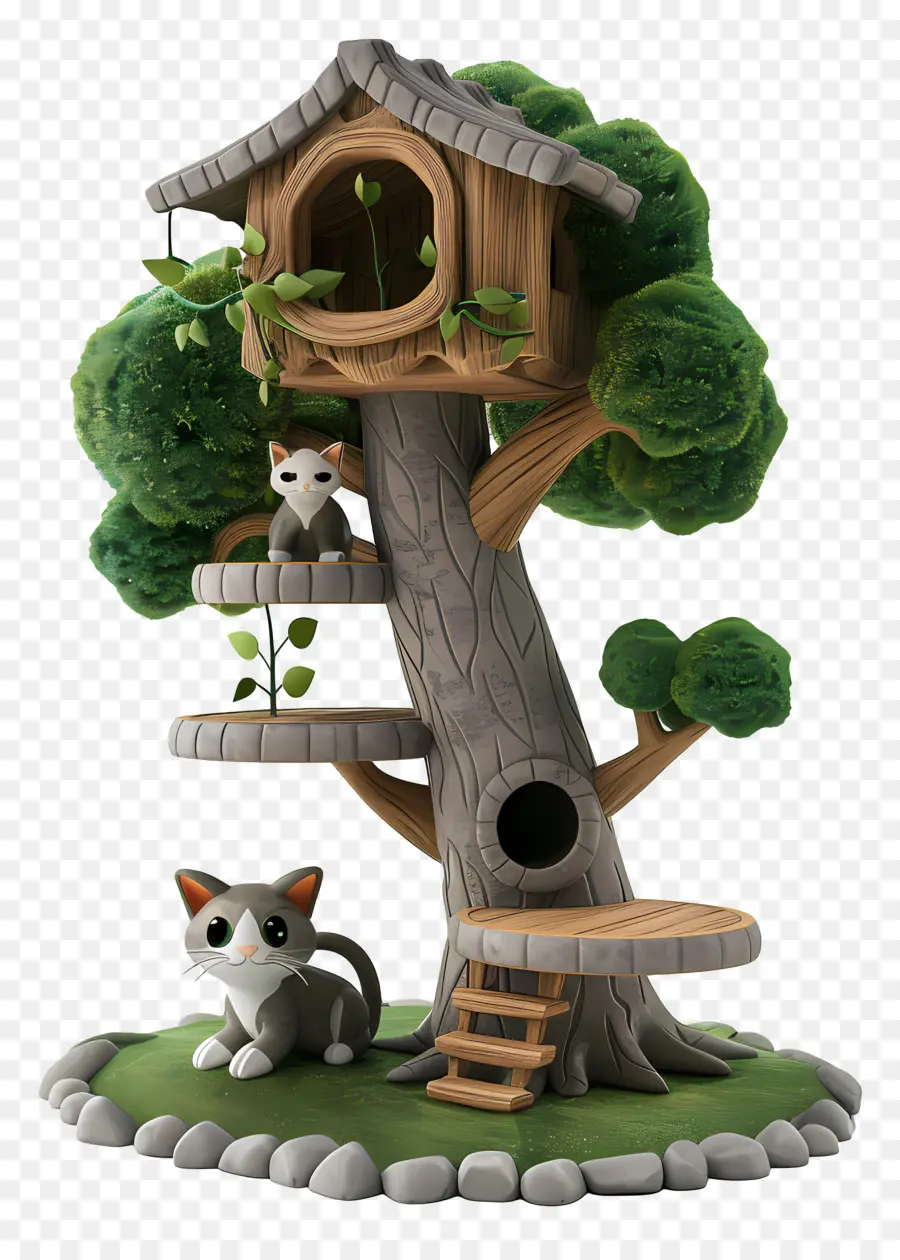 Ceppo di albero - House sul tetto a forma di uccello unica con due gatti