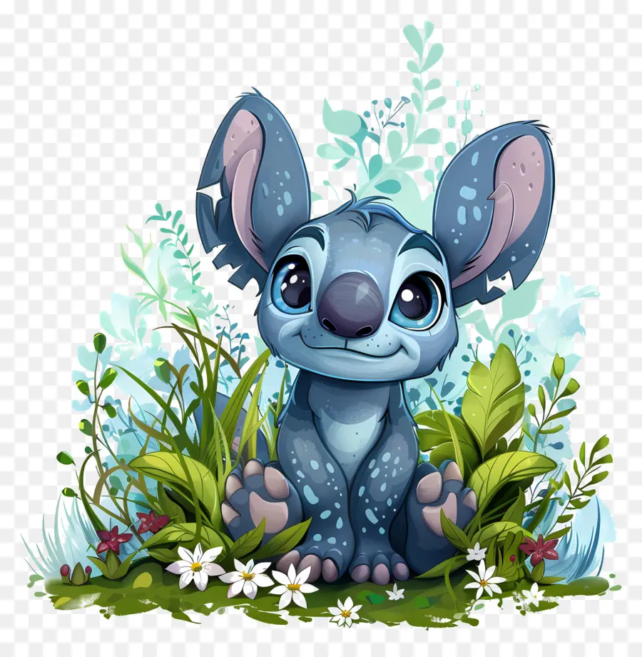 Stitch Stitch Disney Lie Lies Carattere Blue Elephant - Carino elefante blu in campo di fiori