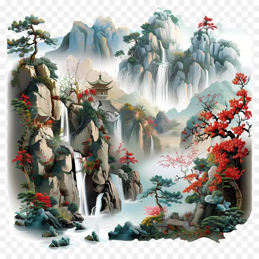 cascata - Paesaggio di montagna con cascata, alberi e isolamento
