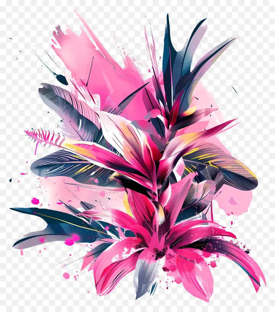 üppiger rosa Aquarellmalerei rosa Blumen blaue Blumen schwarzer Hintergrund - Lebendiges rosa und blaues Blütenmalerei