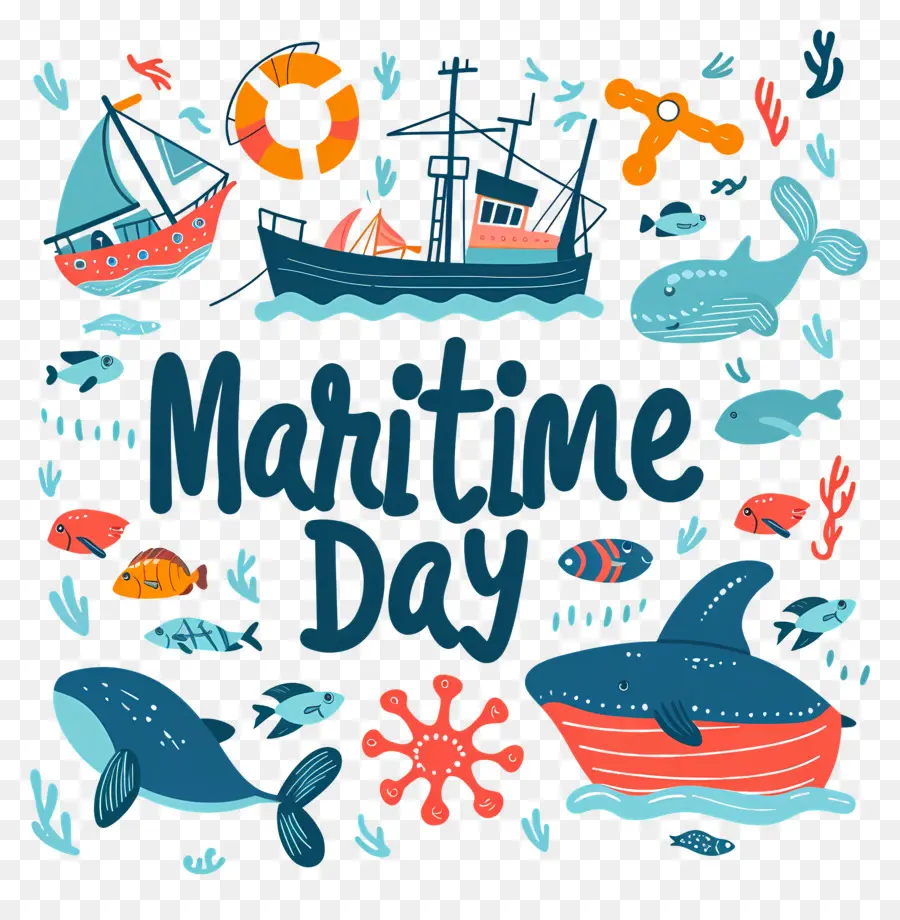 maritimen Tag marine Tiere Fischen Seepferdchen Schiff - Meerestiere im Kreis um das Schiff. 
Helle Farben