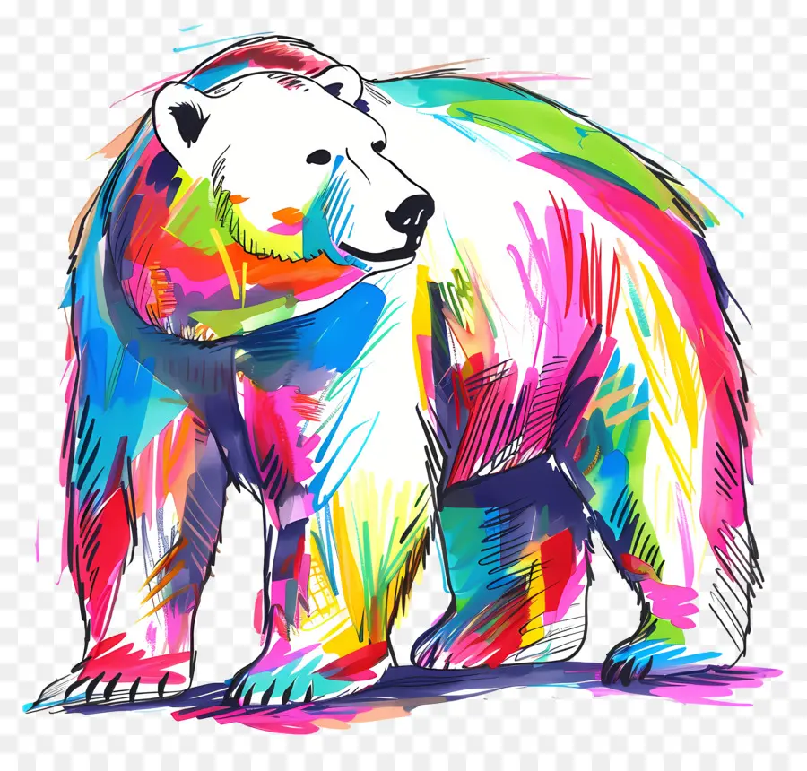 orso polare orso colorato sfondo nero viso bianco naso rosa - Orso colorato con caratteristiche vibranti e dettagliate