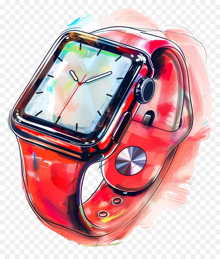 Apple Watch Red Watch Aquarellmalmalerei Brightrot Uhr Watch mit schwarzen Zahlen - Rote Uhr mit Aquarell bemaltes Gesicht