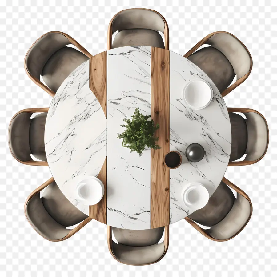 round dining table top view marble table wooden chairs modern design pot plant