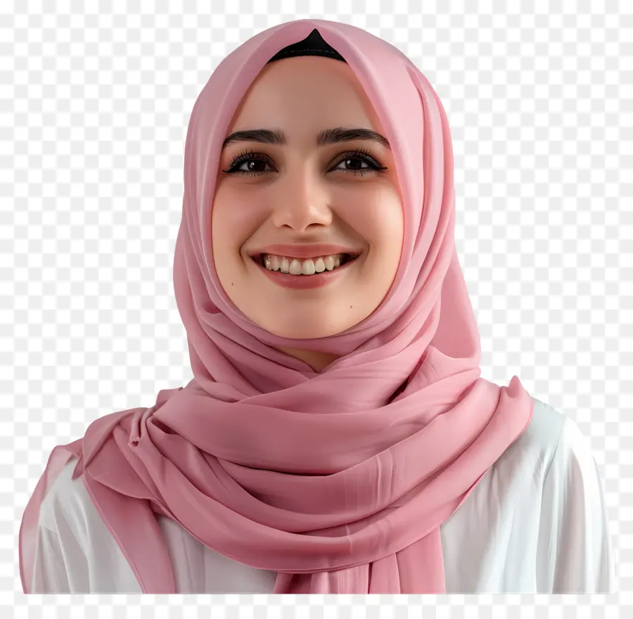 Hijab Woman Pink Hijab Người phụ nữ Hồi giáo cười Áo sơ mi trắng - Người phụ nữ trong màu hồng Hijab mỉm cười, Trang phục thông thường
