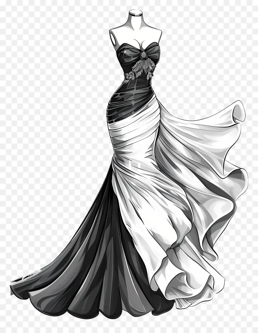 abito da sera abito da sposa forma formale abito da sera in bianco e nero corpice aderente gonna piena - Abito formale in bianco e nero con treno