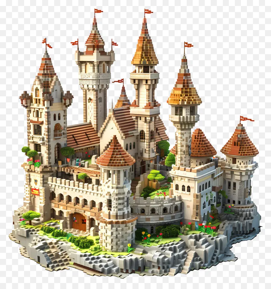 Minecraft Castle Castle Castle Stone Building Towers Bức vẽ - Lâu đài lớn thời trung cổ với tháp và cầu