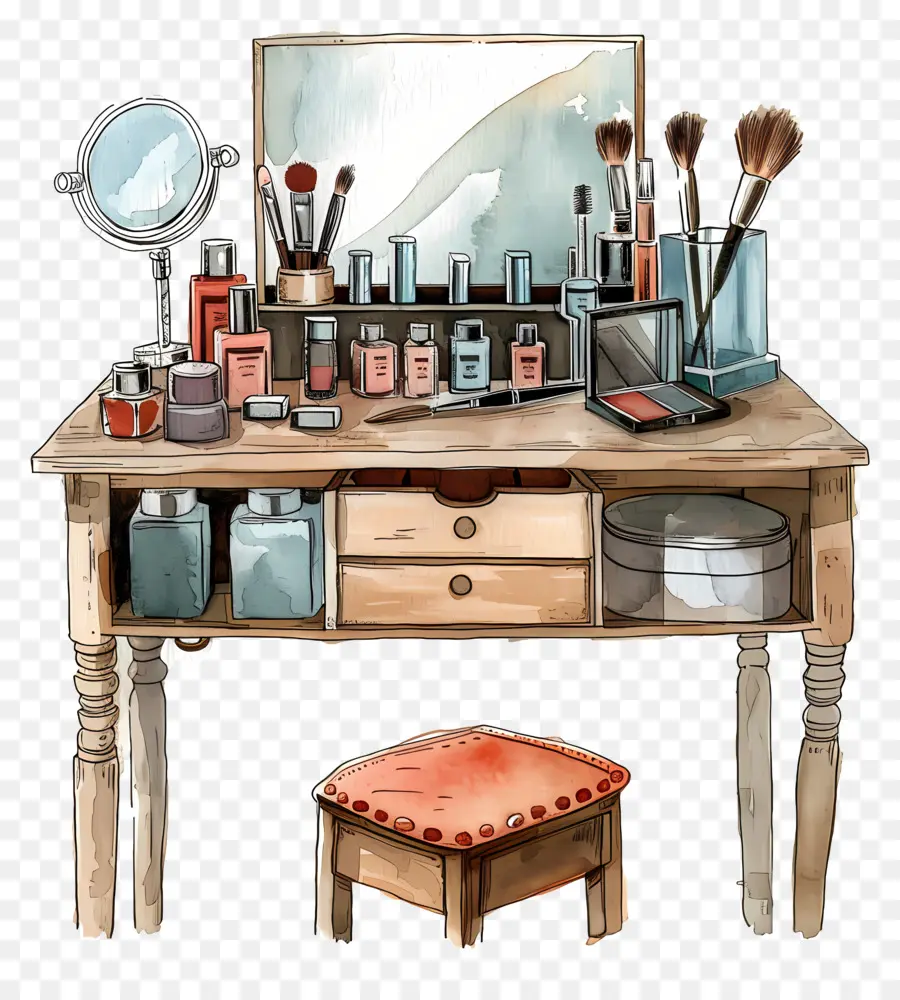 Make -up Eitelkeit Make -up Schönheitsprodukte bürsten Paletten - Make -up -Tisch mit Schönheitsprodukten, Spiegel