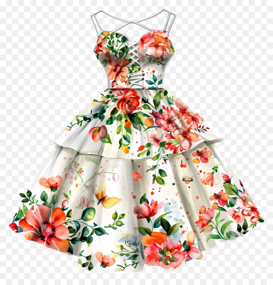 váy cưới ngắn váy hoa hình chữ v váy ngắn tay áo sơ mi - Váy trắng với thiết kế hoa đầy màu sắc